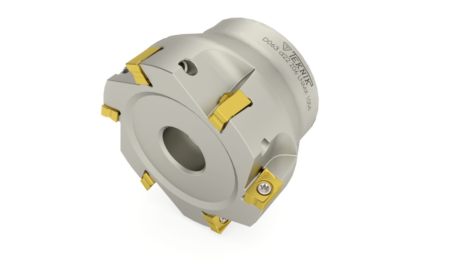 Planmesserkopf auf durchsichtigem Hintergrund. Mit sieben Wendeplatten des Typs LNMX. Auf der Aufnahme des Werkzeugs befinden sich das Logo des Herstellers Teknik Makina und der Artikelcode.