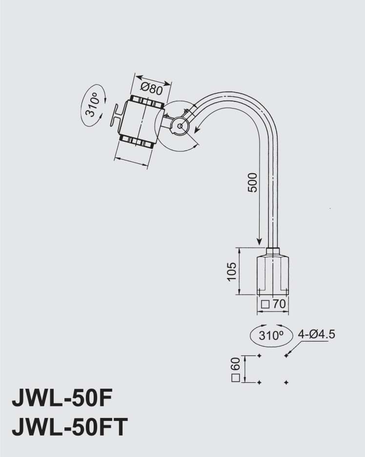Technische Zeichnung der LED Lampe mit flexibler Stange. Schwarze Linien auf grauem Hintergrund. Die ZEichnung zeigt eine Seitenansicht der Lampe. In der linken unteren Ecke stehen die Artikelnummern "JWL-50F" und "JWL-50FT".