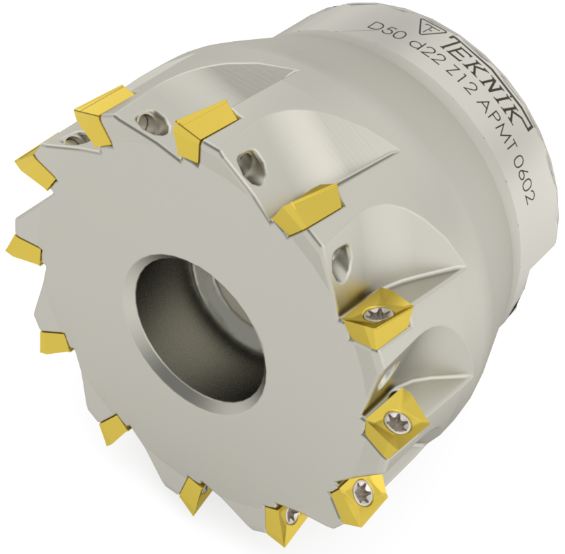 Eckmesserkopf auf weißem Hintergrund. Mit zwölf Wendeplatten des Typs APMT. Auf der Aufnahme des Werkzeugs befinden sich das Logo des Herstellers Teknik Makina und der Artikelcode.