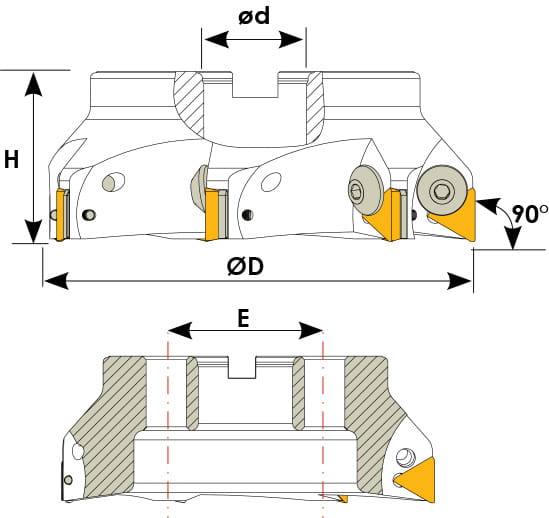 Technische Zeichnung eines Eckmesserkopfes. Schwarze Linien auf weißem Hintergrund. Die Wendeplatten sind in Gelb angezeigt. Mit Größenangaben. Oben befindet sich die Außenansicht, darunter kann man das Innere des Werkzeugs sehen.
