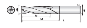 Technische Zeichnung eines Flachbohrers von COGO. Schwarze Linien auf weißem Hintergrund. Links ist eine Vorderansicht abgebildet, Rechts eine Seitenansicht. Neben der Zeichnung sind Größenangaben angegeben.