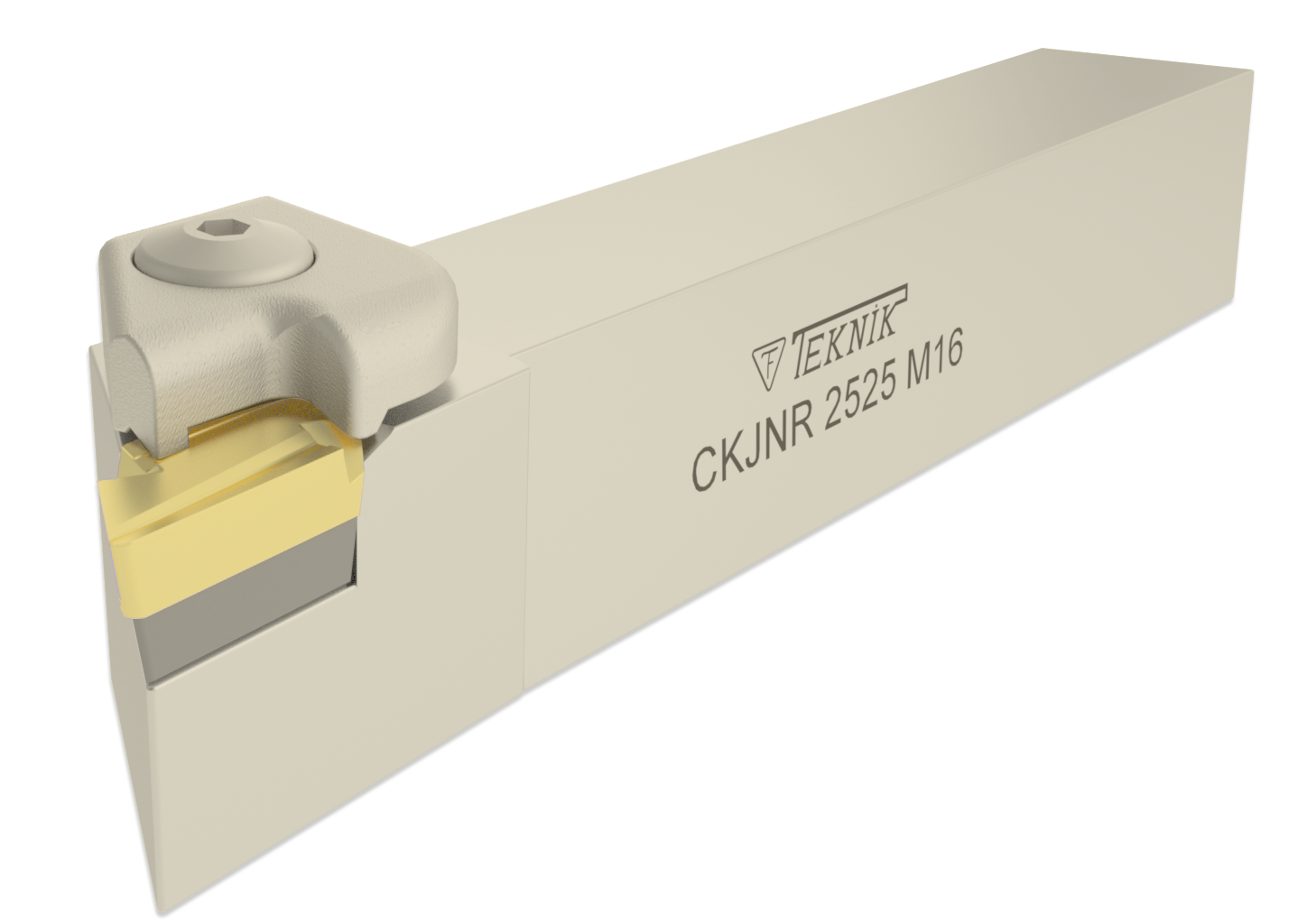 Klemmhalter CKJN auf weißem Hintergrund. Mit einer Wendeplatte des Typs KNUX. Auf der Seite des Werkzeugs befinden sich das Logo des Herstellers und der Artikelcode.
