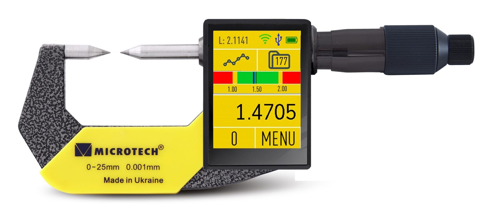75-100mm Messschraube mit spitzen Messflächen, Color 2,4" Touchscreen, Wireless+USB, IP 65, ISO17025 - Microtech Metrology
