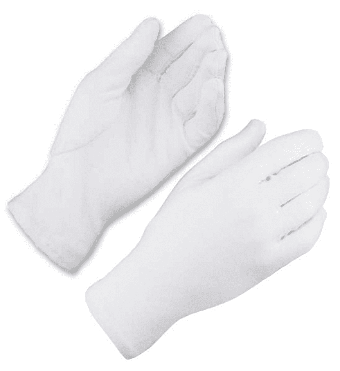 Zwei weiße Handschuhe auf weißem Hintergrund. Die Handschuhe sind ausgefüllt aber am Handgelenk abgeschnitten. Die Handschuhe sind einmal von vorne und einmal von hinten abgebildet.