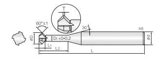 Technische Zeichnung eines Gewindefräser von COGO. Schwarze Linien auf weißem Hintergrund. Links ist eine Vorderansicht abgebildet, Rechts eine Seitenansicht. Neben der Zeichnung sind Größenangaben angegeben.