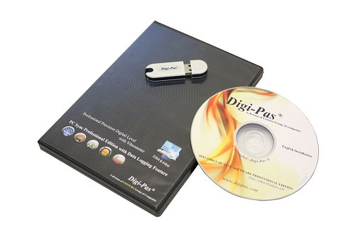 Software Paket für Digi-Pas Präzisionswasserwaagen. Abgebildet hier sind eine schwarze Hülle auf der ein USB-Stick und eine gelbliche CD liegen.
