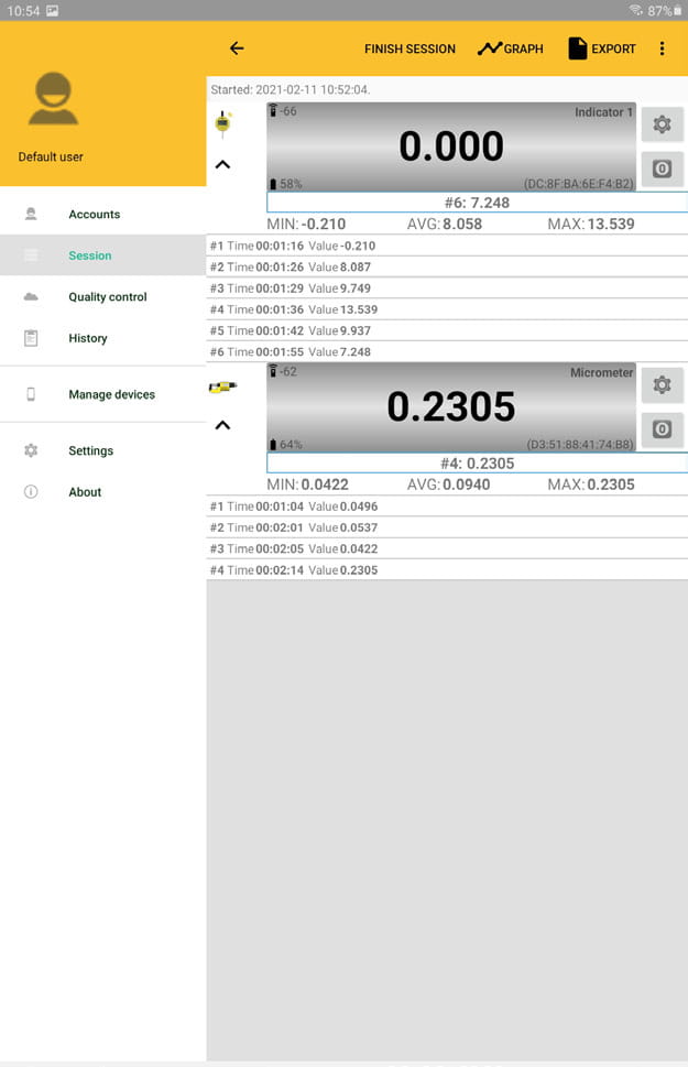 Screenshot aus der MicrotechDATA Lite Software für Android. Beispiel einer Messung.