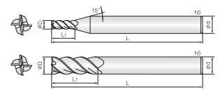 Technische Zeichnung von zwei Schaftfräser. Seitenansicht, daneben befindet sich zwei Vorderansichten. Neben den Zeichnungen befinden sich Linien und Buchstaben für die Größenangaben.
