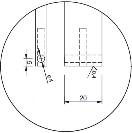 Technische Zeichnung von der Messchnabelspitze  eines digitalen Werkstattmessschieber für auswechselbare Messeinsätze. Schwarze Linien auf weißem Hintergrund. Vorder- und Seitenansicht. Mit Größenangaben.