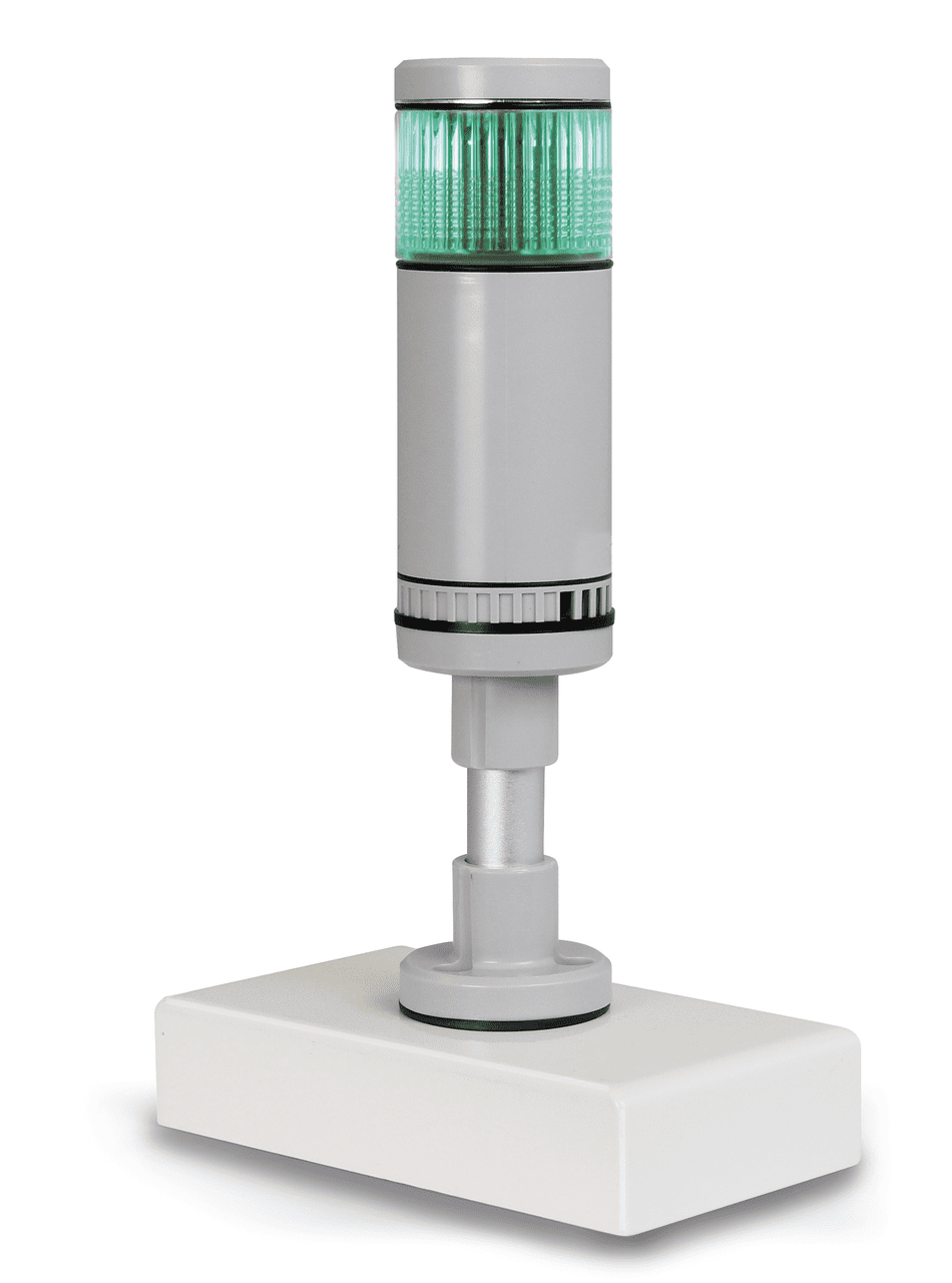 Weiße Signallampe auf weißem Hintergrund. Die Lampe steht auf einem rechteckigen Fuß. Das Glas auf der Oberseite ist grünlich.