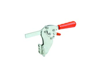 Horizontalspanner mit Winkelfuß auf weißem Hintergrund. Der Griff ist von rotem Kunststoff umwickelt und der Arm solide. Dieses Modell verfügt über eine Sicherheitsverriegelung.